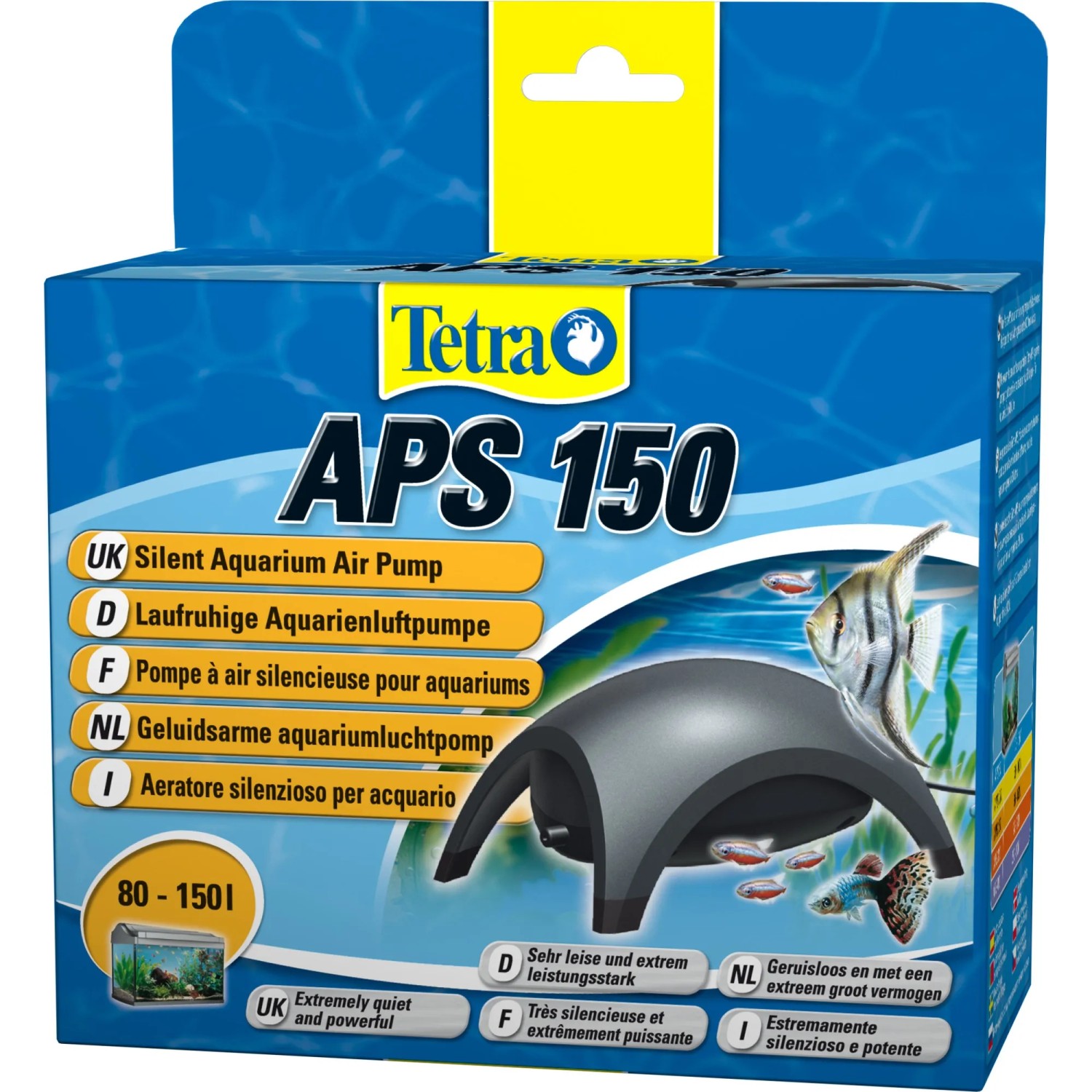 Tetra APS 150 Aquarienluftpumpe in Schwarz, Verpackung mit Produktabbildung.