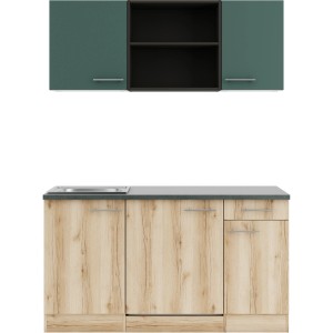 OPTIFIT Miniküche 150cm, Steingrün/Wildeiche Dekor, mit Spüle und Kühlschrank. Ideal für kleine Räume.