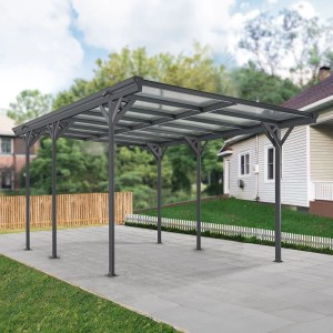 Dunkelgrauer Juskys Carport mit Flachdach (5x3 m) vor Haus und Garten.