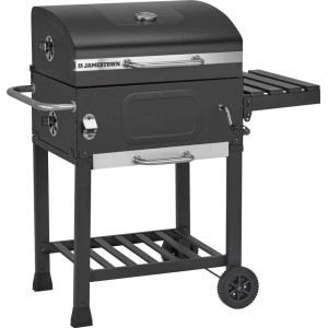 Dunkelgrauer Jamestown Jaxon Holzkohlegrill mit Deckelthermometer, Seitenablage und Rädern. Perfekt für Garten & Balkon.