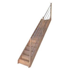StarWood Treppe Rhodos Eiche, gerade, mit Edelstahl-Geländer. Offene Holztreppe für den Innenbereich.