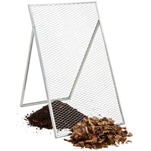 Feuerverzinktes Durchwurfsieb mit Stütze zum Trennen von Erde, Steinen und Unkraut im Garten.