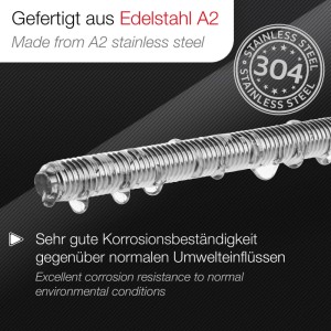 SOTECH Gewindestange M12 aus Edelstahl A2, 1000 mm, vollgewindig. Glänzend, mit Wassertropfen, sehr korrosionsbeständig.