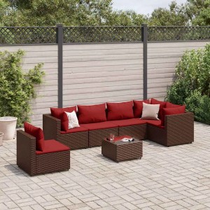 Braunes 7-tlg. vidaXL Garten-Lounge-Set aus Poly Rattan mit roten Kissen und Tisch.