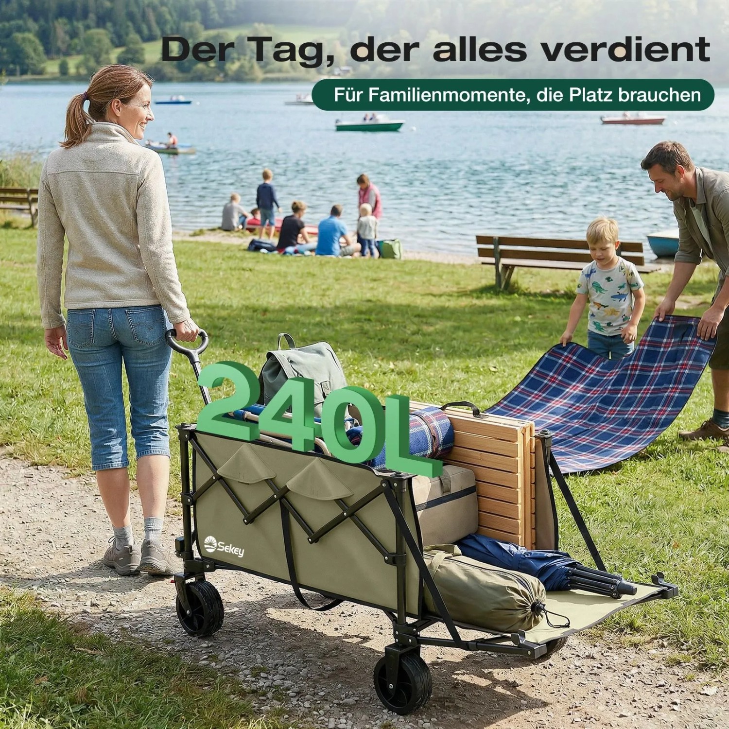 Sekey Bollerwagen, olivgrün, mit Heckklappe, 240L Volumen, beladen am See.