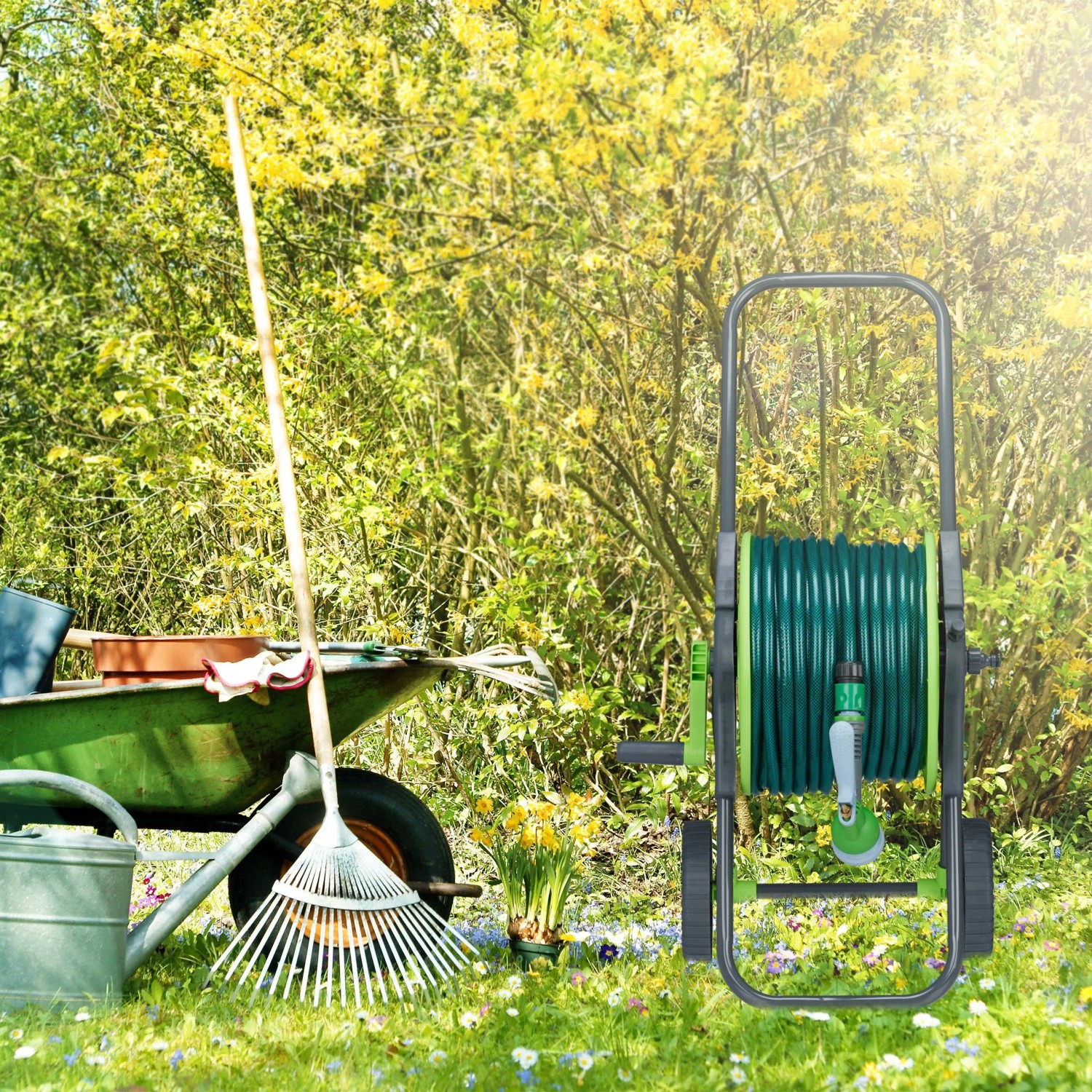 Relaxdays Schlauchwagen Stahl Graugrün Fahrbar Einklappbar 45 m 82,5 cm x 43 cm x 34 cm_2