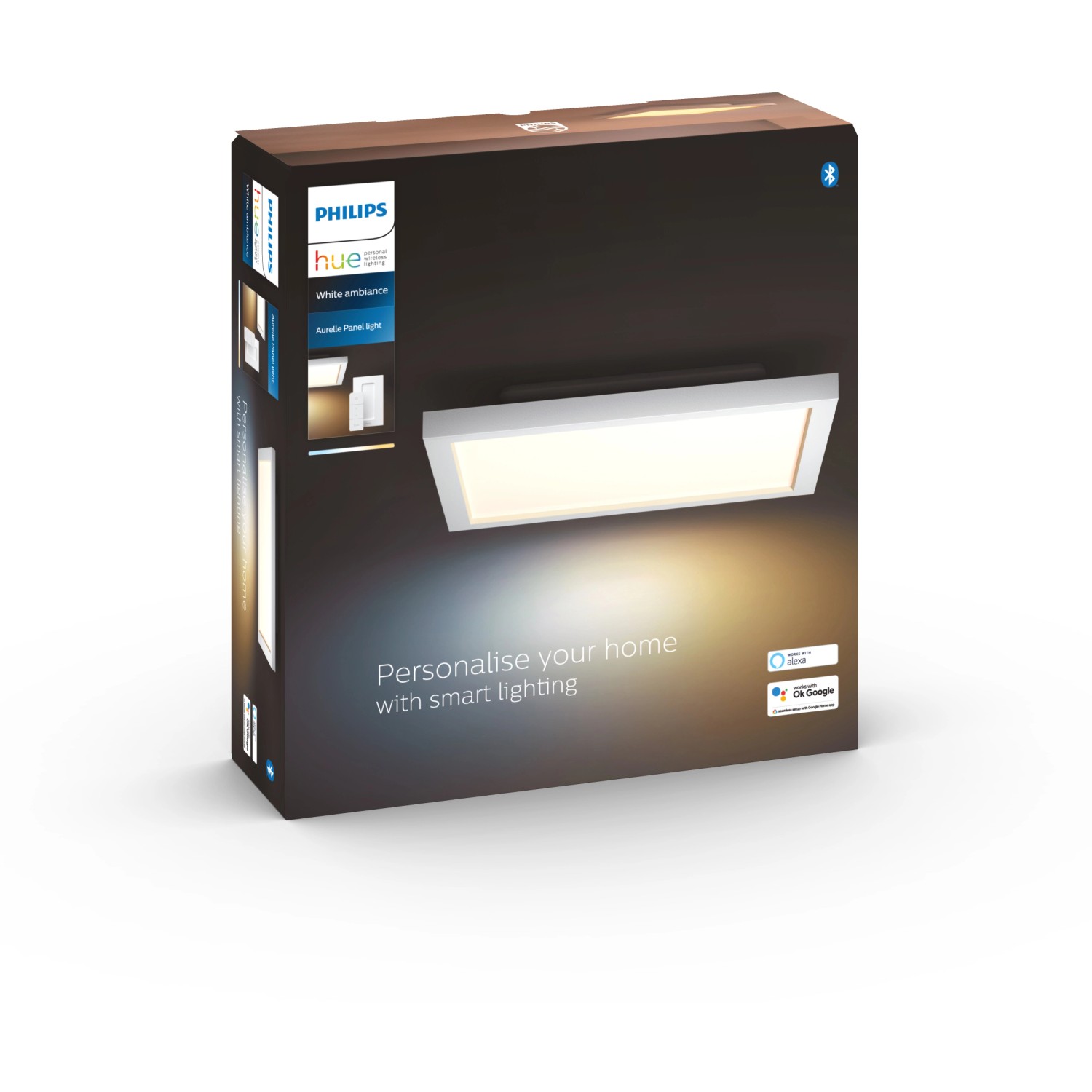Verpackung der Philips Hue LED Deckenleuchte White Ambiance Aurelle, eckig, 60x60 cm.
