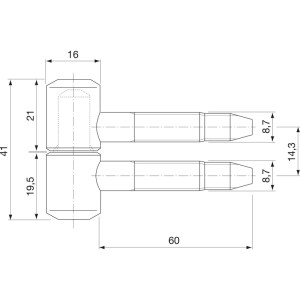 Technische Zeichnung Sfs Einbohrband für Futtertüren, patinierter Stahl, ø 16 mm, mit Maßen für Holztüren.