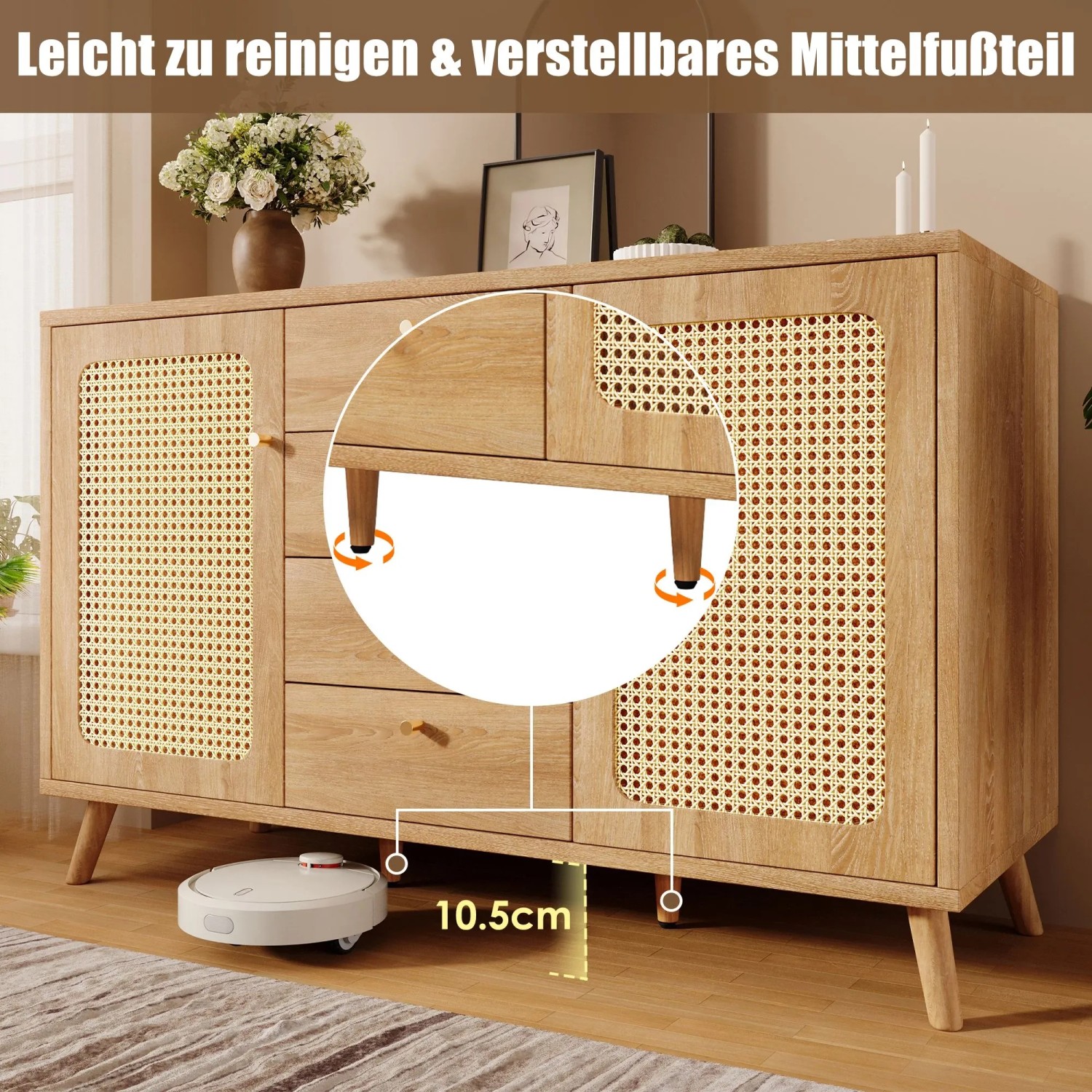Merax Sideboard 140x40x86cm Rattan Optik Eiche_8