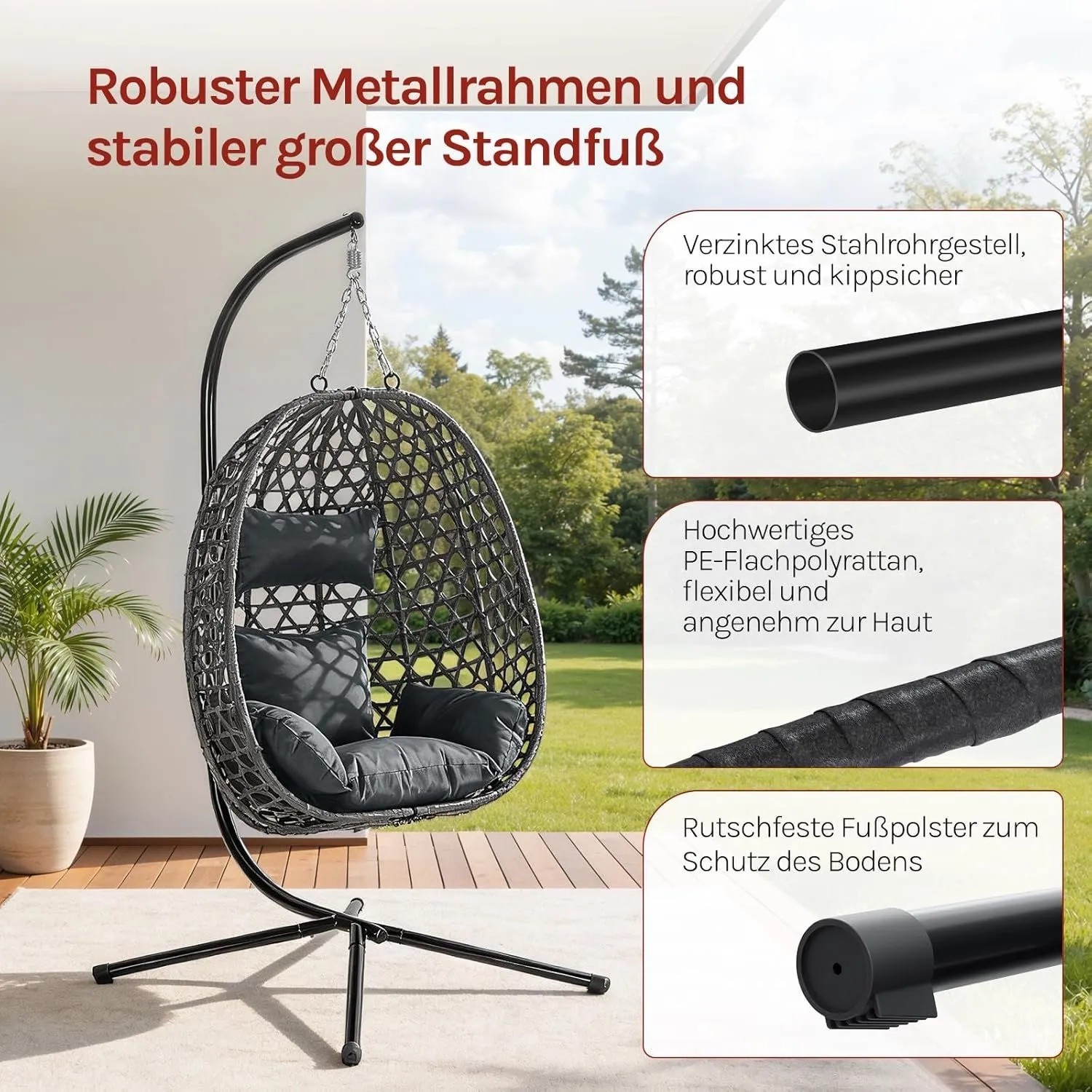 WOLTU Hängesessel aus PE-Rattan mit Kissen, robustem schwarzem Metallrahmen und stabilem Standfuß.