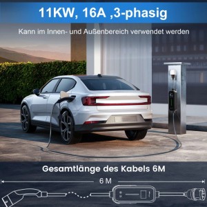 Junsun 11kW Typ 2 EV-Ladegerät lädt Elektroauto. 3-phasig, 6m Kabel, für Innen- & Außenbereich.