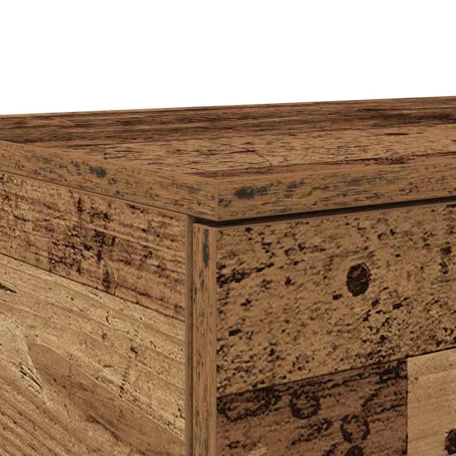 Nahaufnahme einer Bettschublade in Altholz-Optik aus Holzwerkstoff. Zeigt die braune Holzmaserung und Textur. Ideal für Nachttische.