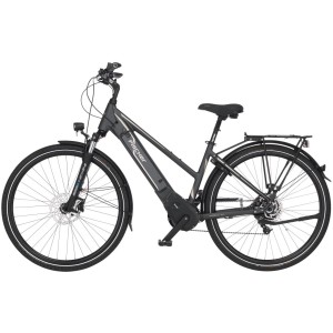 Graues Fischer E-Bike Damen Viator 5.0i mit Gepäckträger und tiefem Einstieg.