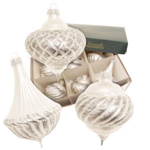 6-tlg. Set Krebs Glas Lauscha Weihnachtsornamente, silberfarben, Barock-Stil, ca. 8 cm.