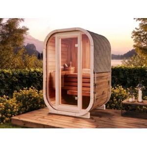 FinnTherm Fasssauna Ellipso S aus Thermoholz mit Glastür und Dachschindeln im Garten.