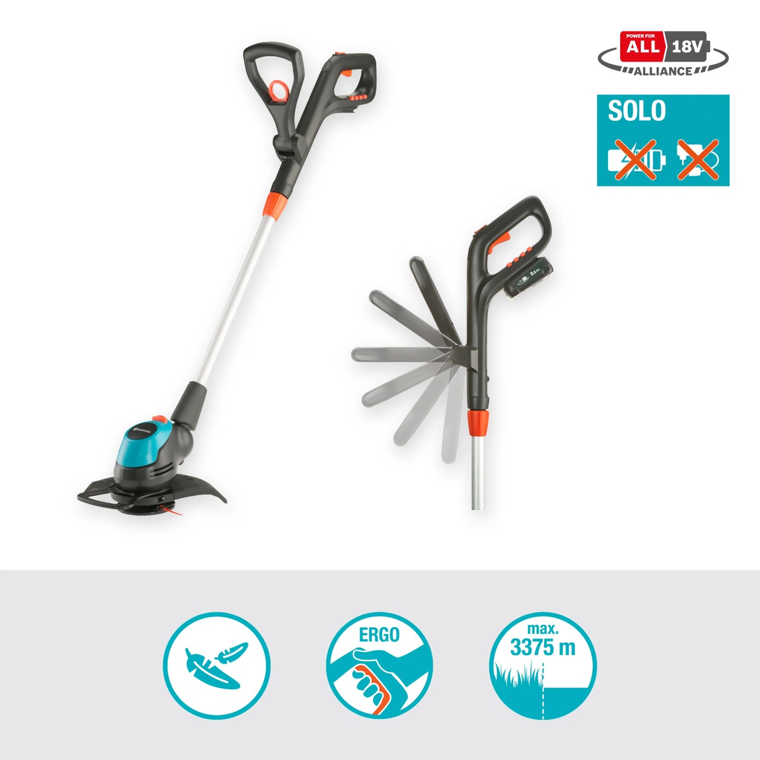 Gardena Akku-Trimmer EasyCut 23/18V P4A solo, mit verstellbarem Stiel. Akku-Trimmer für Rasenkanten.