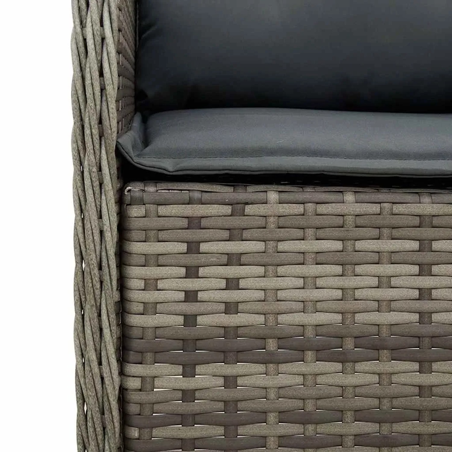 Detailansicht: Graue vidaXL Garten-Essgruppe aus Poly Rattan mit anthrazitfarbenen Kissen.