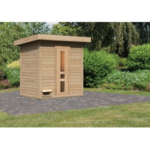 Karibu Saunahaus Arvi 1, naturbelassenes Holz mit Glastür, für entspannende Wellness im Garten.