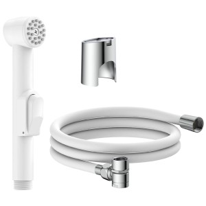 Eisl Waschbeckenbrause in Weiß mit Schlauch, Halterung und Antikalk-Noppen.
