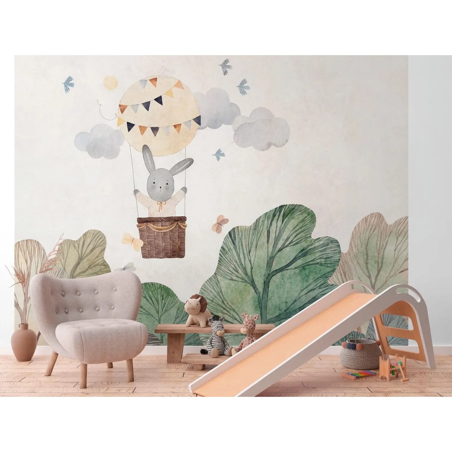 Fototapete mit Tiermotiv im Aquarell-Stil für Kinderzimmer, beige, grün, braun und grau.