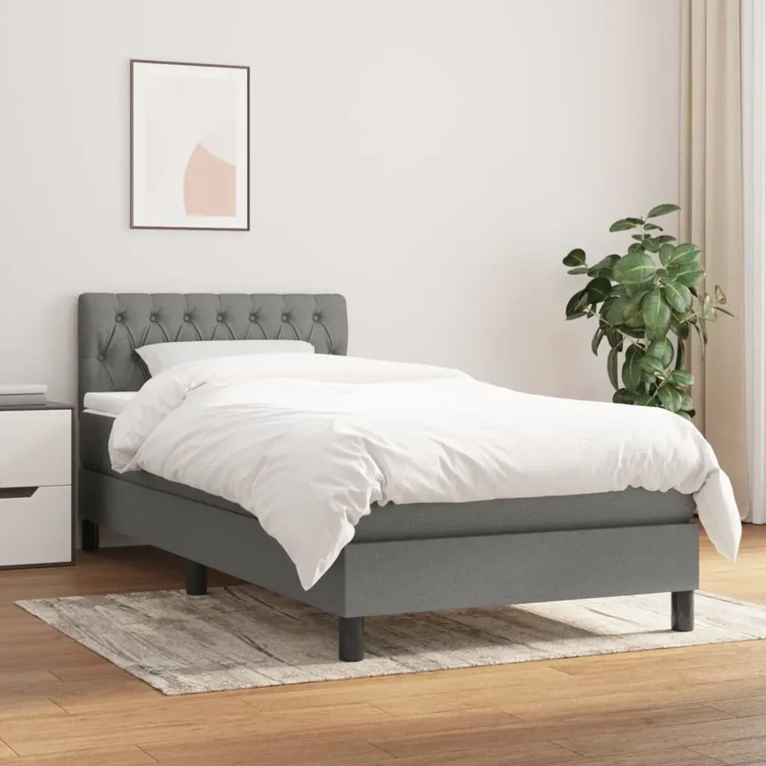 Dunkelgraues vidaXL Boxspringbett 90x200 cm mit Stoffbezug, inklusive Matratze und Topper.