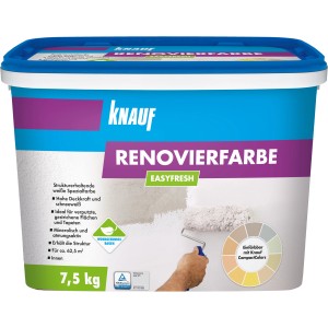 Eimer Knauf Easy Fresh Schneeweiß 7,5kg Renovierfarbe für Innen, mit Farbbeispiel und Farbrolle.