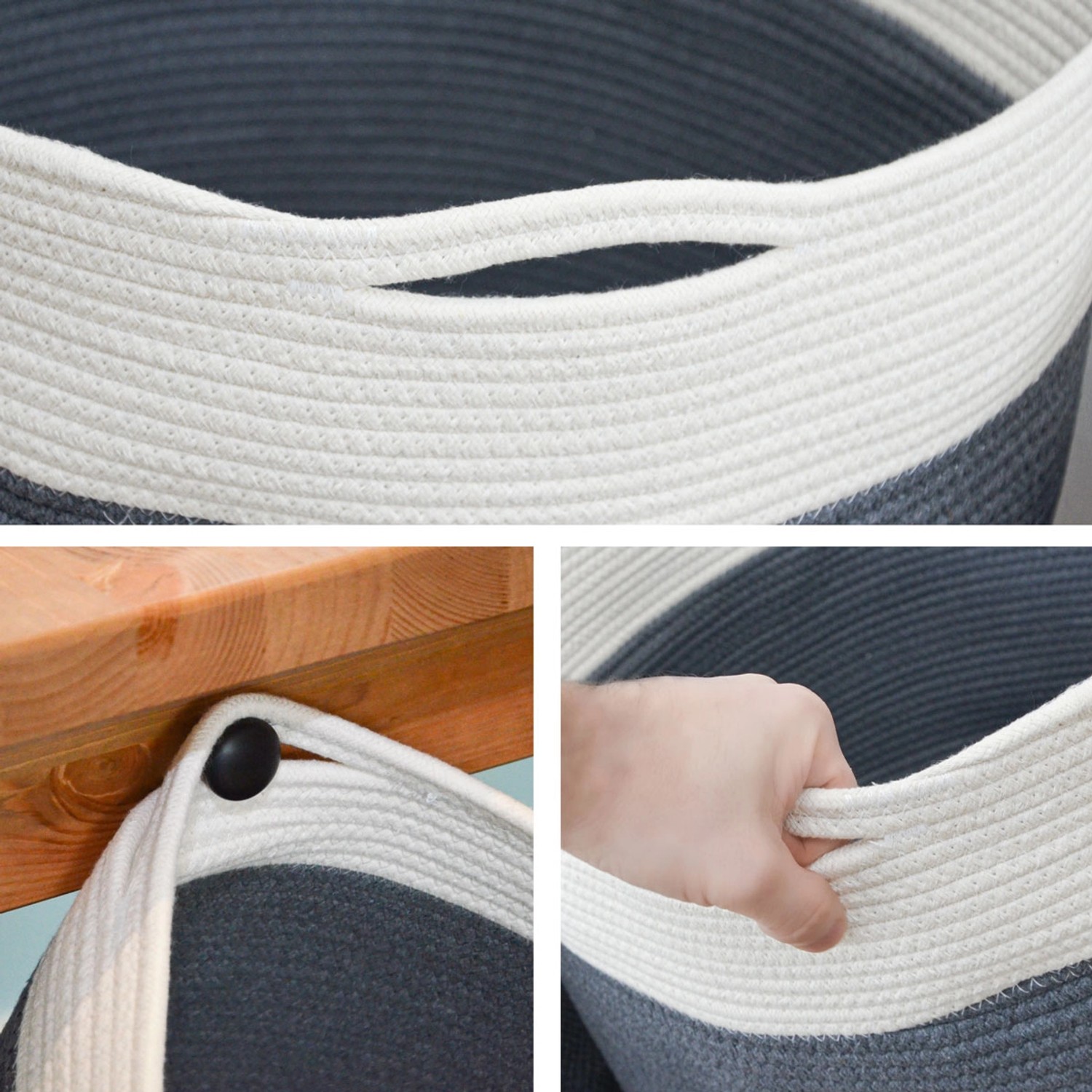 DuneDesign XXL Aufbewahrungskorb, Baumwolle, grau/weiß, 60L, Details wie Henkel und Material.