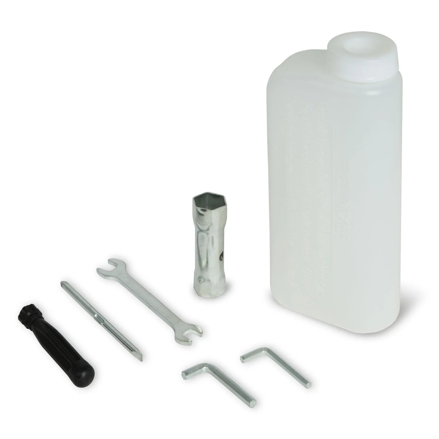 Werkzeugset für EBERTH Erdlochbohrer: Schraubendreher, Schraubenschlüssel, Kanister.