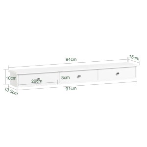 SoBuy Wandschrank FRG43-L-W, weißes Wandregal mit 3 Schubladen und Maßangaben.