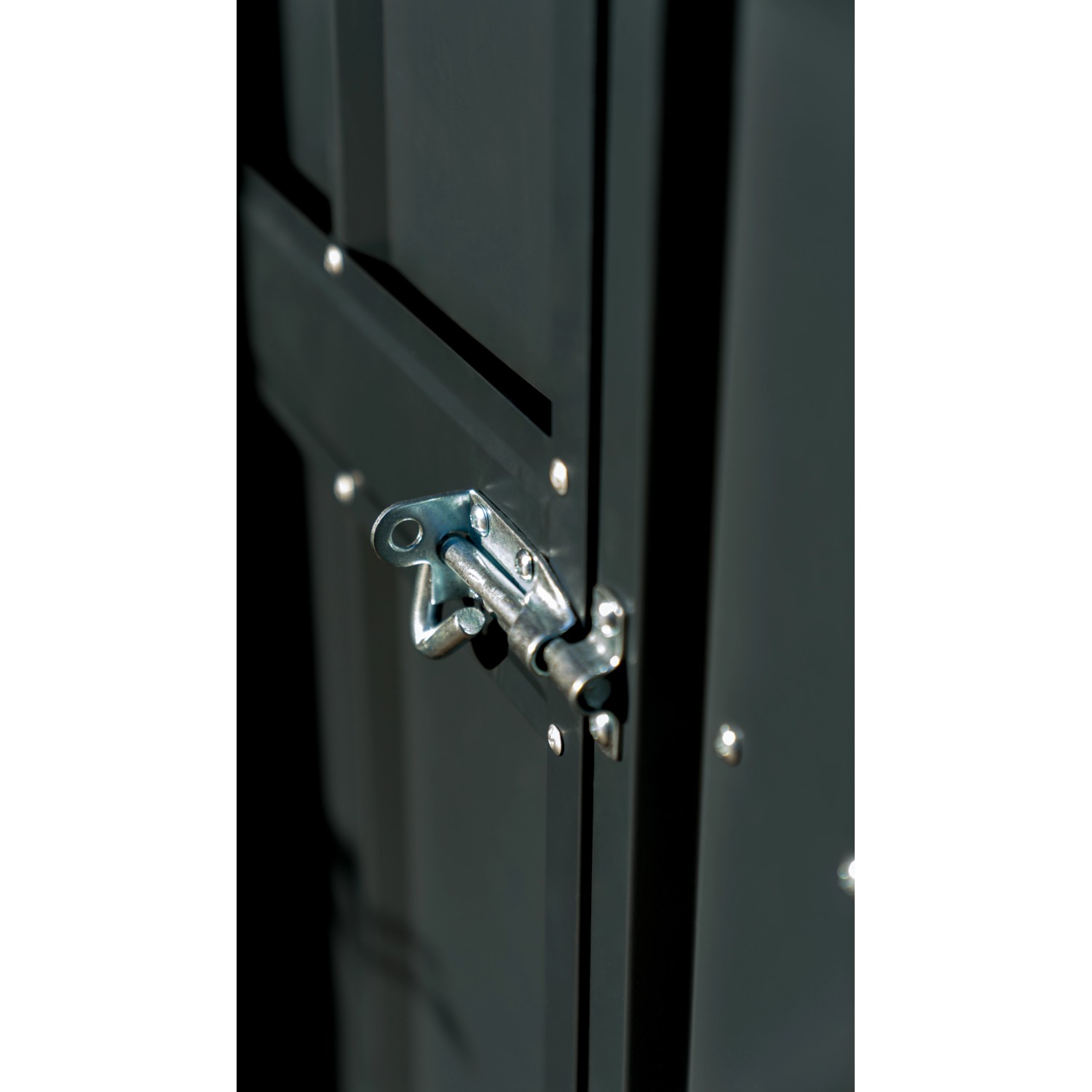 Detailaufnahme: Vorhängeschloss-Vorrichtung am anthrazitfarbenen Metall-Gerätehaus.