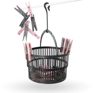ProHome Wäscheklammern mit Korb: 30 Klammern (grau/rosa) im anthrazitfarbenen Teleskopkorb.