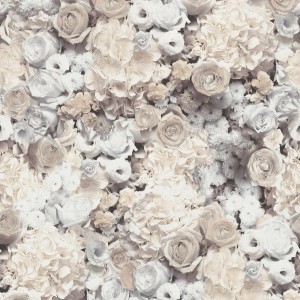 Creme-weiße Shabby Chic Tapete mit Rosenmuster für Schlafzimmer und Wohnzimmer.
