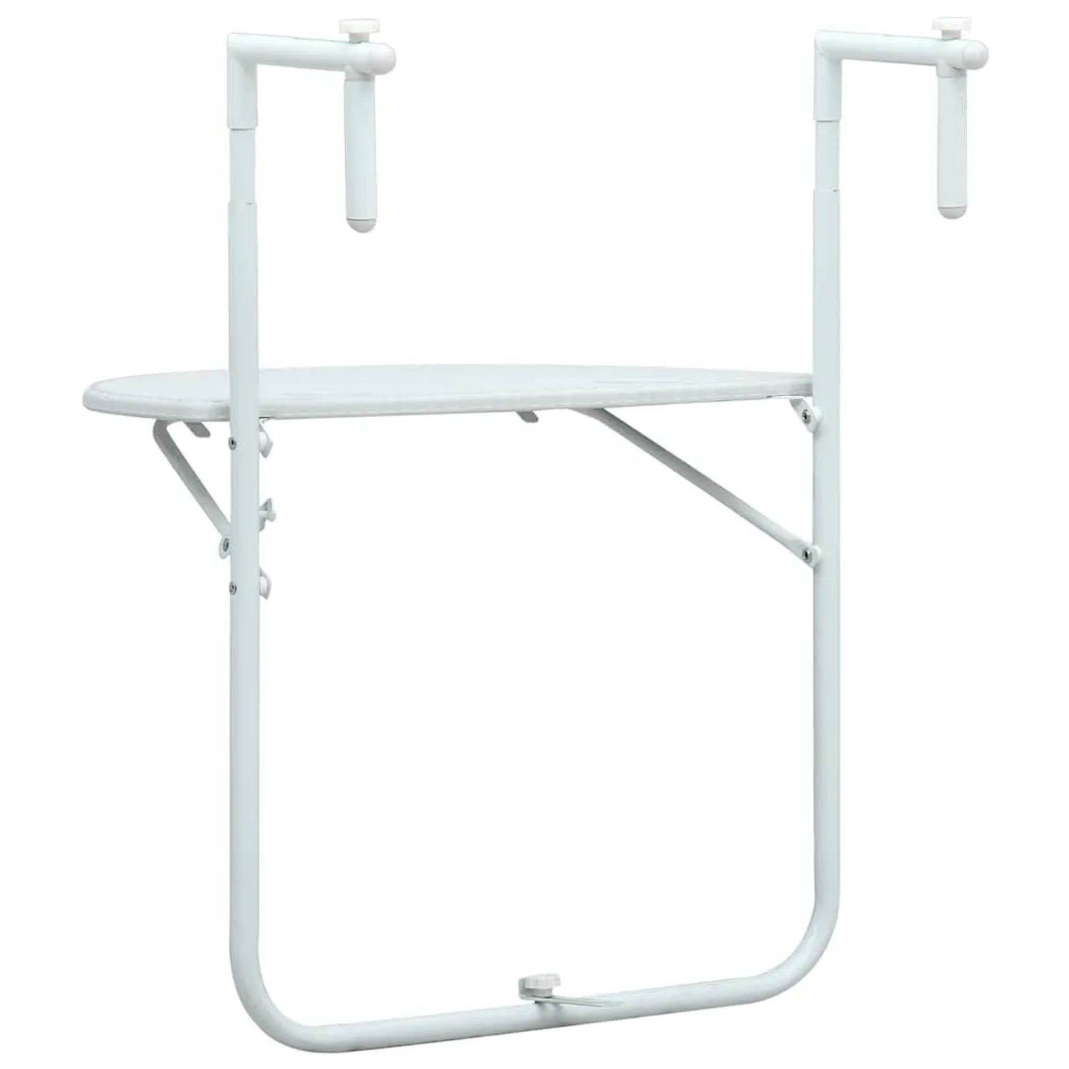 Weißer vidaXL Balkon-Hängetisch aus Kunststoff in Rattan-Optik, höhenverstellbar.