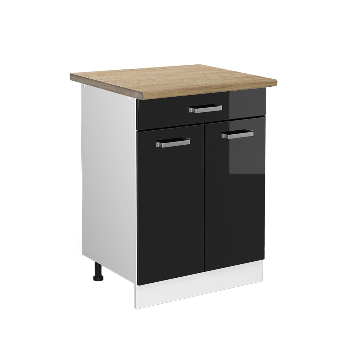 Vicco Küchenunterschrank R-Line Schwarz Hochglanz/Weiß 60 cm mit Schublade AP Eiche