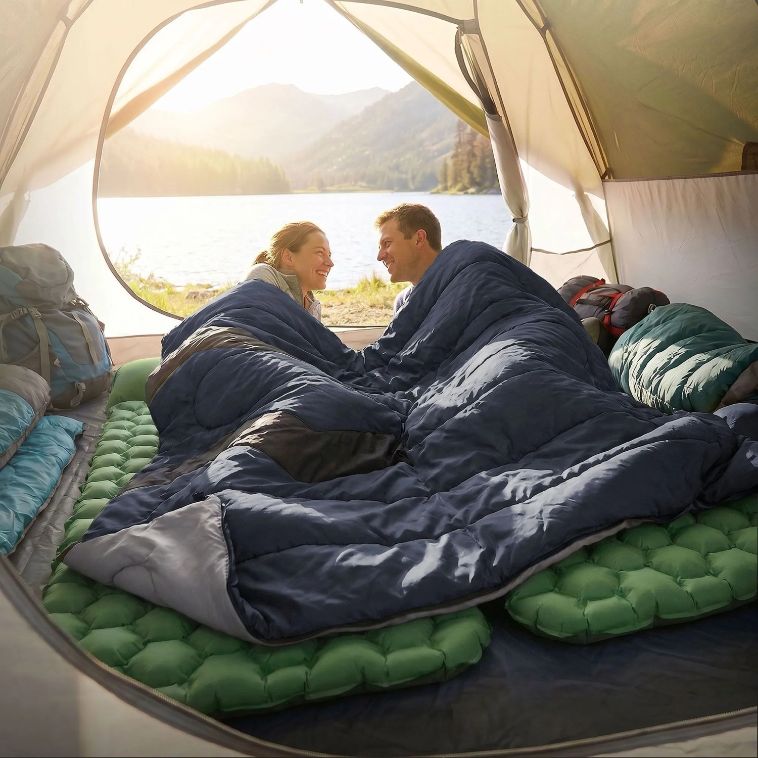 Dunkelblauer ECD Germany Schlafsack für Camping, 2 Personen im Zelt.