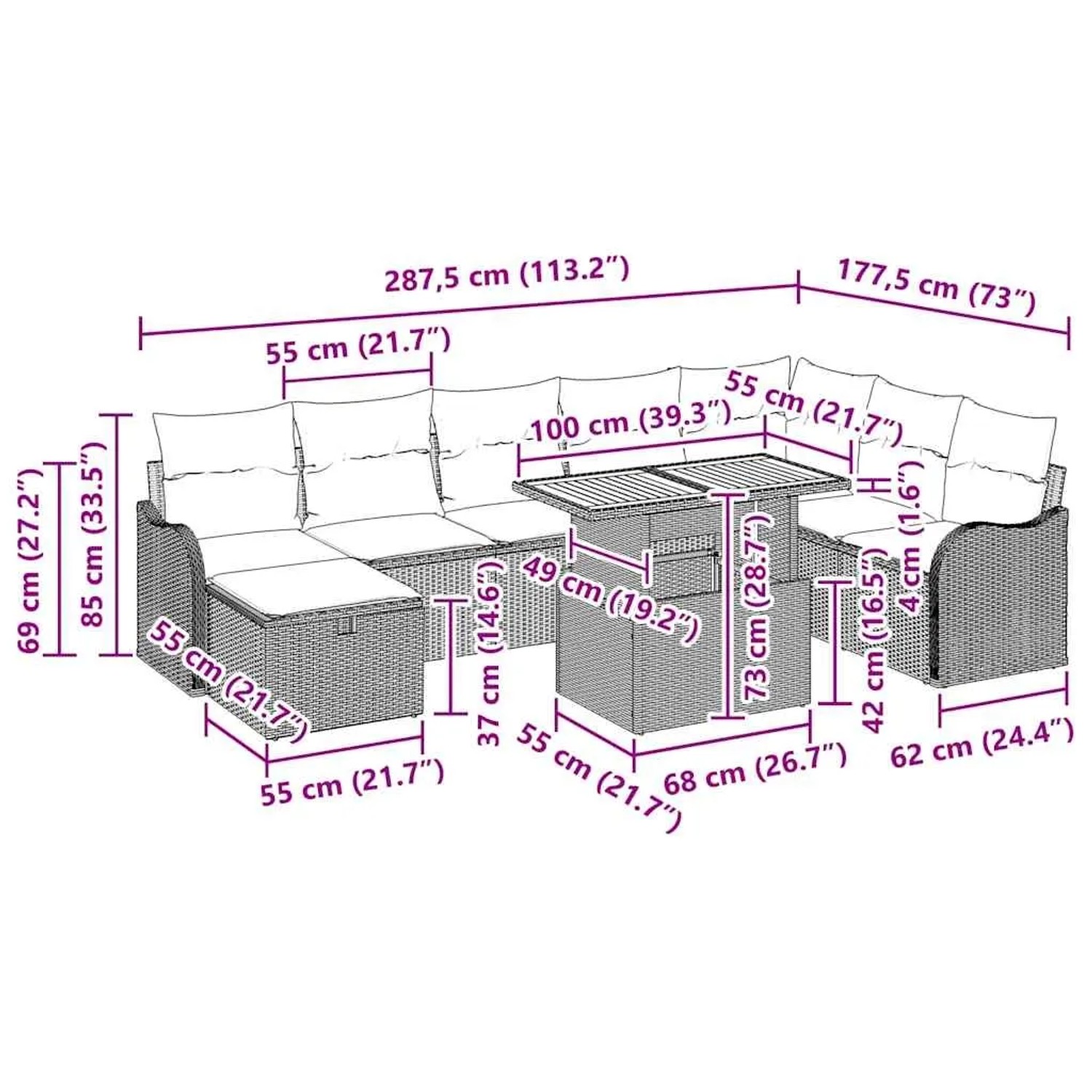 vidaXL Gartenmöbel-Set 9-teilig, schwarzes Poly Rattan, mit Maßen. Ideal für Terrasse und Garten.