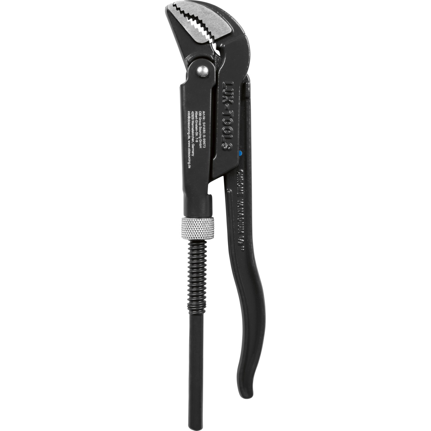 LUX-TOOLS Eckrohrzange 245 mm aus Chrom-Vanadium-Stahl. Schwarze, verstellbare Zange mit abgewinkeltem Kopf für Rohre.