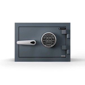 Dunkelgrauer JAN NOWAK EDGAR Tresor mit elektronischem Code-Schloss und weißem Griff. Einbruch- und feuerfester Safe S2 für Dokumente.