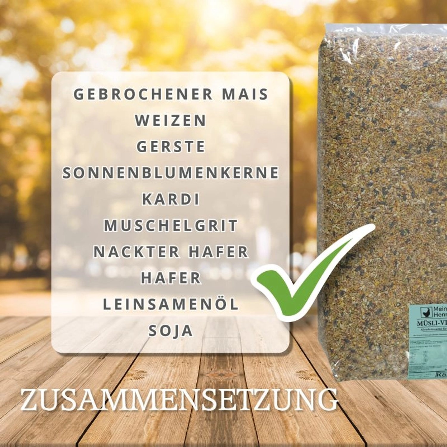 MeineHennen Müsli Vital 15kg: Premium Hühnerfutter/Geflügelfutter Sack mit Zutatenliste.