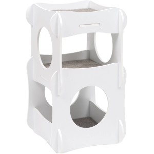 Weißer Vesper Condo Katzen-Lounge-Turm im 70er-Jahre-Retro-Look mit 3 Etagen und runden Öffnungen.