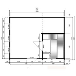 Grundriss Finntherm Gartensauna Cubus-70 D: 507x387cm, 70mm Wandstärke. Details zu Maßen und Raumaufteilung.