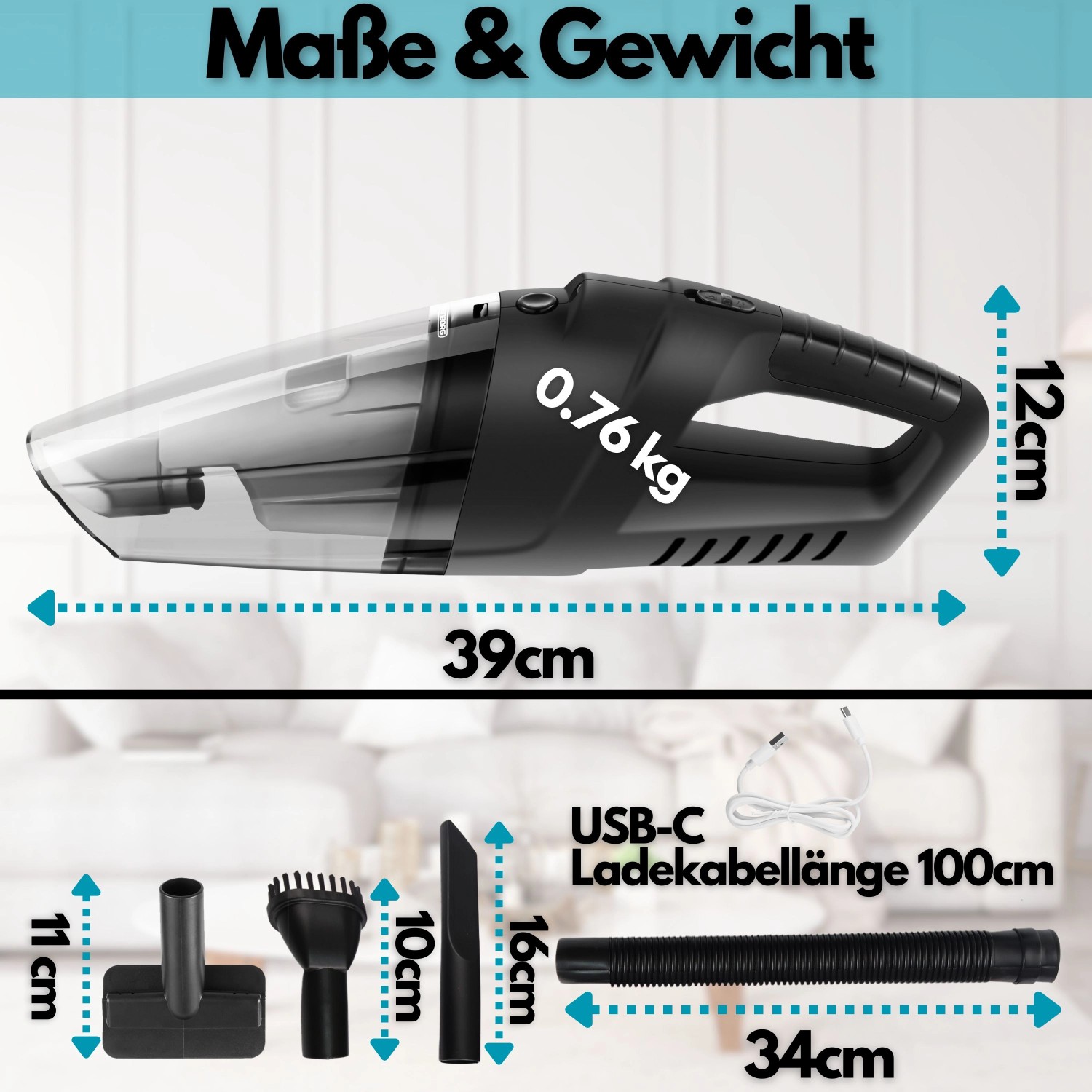 Steinborg Akku-Handstaubsauger SB-1031 mit Zubehör und Maßangaben.