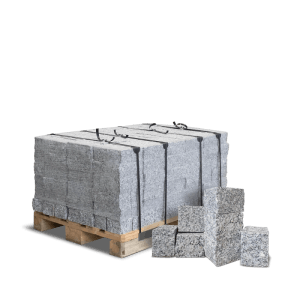 Galamio Granitpflastersteine grau auf Palette, ideal für Wege und Garten. Robuste Natursteine 10x10x8 cm.