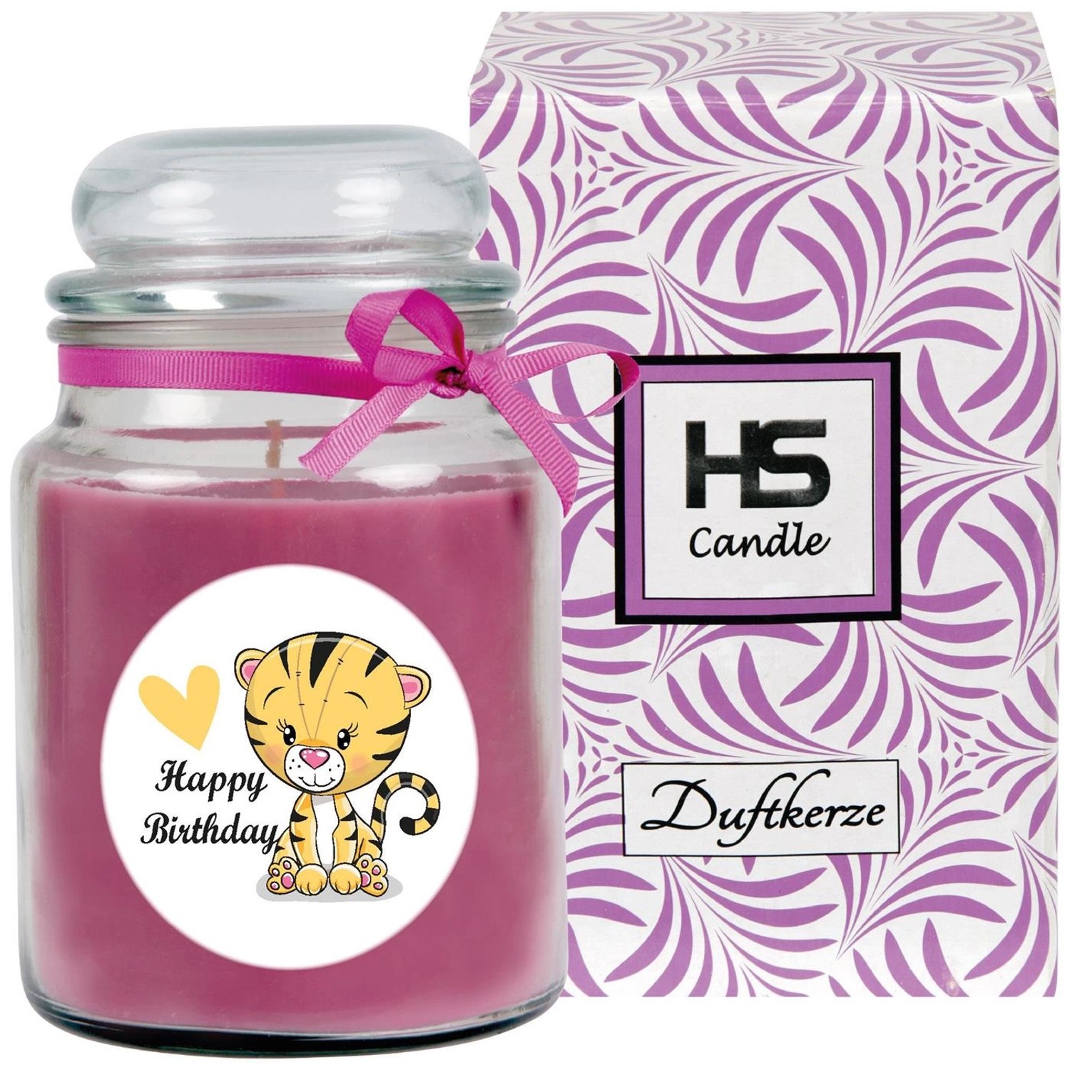 Duftkerze Happy Birthday mit Tiger im Glas, Bonbon Lavendel, festliche Geschenkidee.