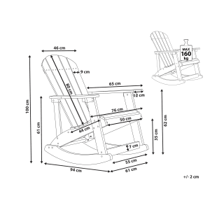 Skizze: Roter Beliani Schaukelstuhl 94x76x100 cm mit Maßangaben, ideal für Garten & Terrasse.