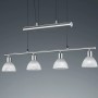 Nickel-matte Trio LED-Pendelleuchte Jojo Levisto mit vier alabasterfarbenen Glasschirmen.