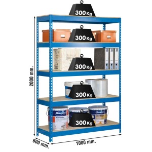 Blaues PROREGAL Schwerlastregal Wood Yeti Light mit 5 Böden, belastbar mit 300kg pro Boden.