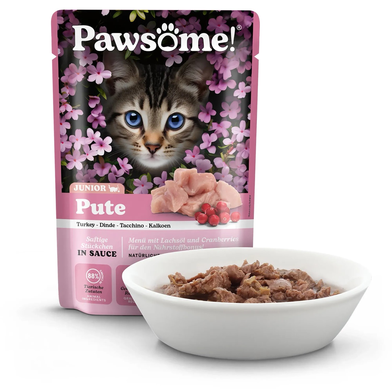 Pawsome Katzen-Nassfutter Junior Pute, 85g Packung mit Schale. Katzenfutter mit Pute.
