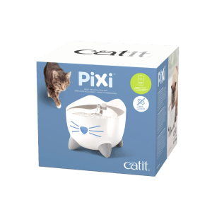 Verpackung des Catit Smart-Trinkbrunnen Pixi, 2 Liter, weiß. Katzentränke mit Katzen-Design.