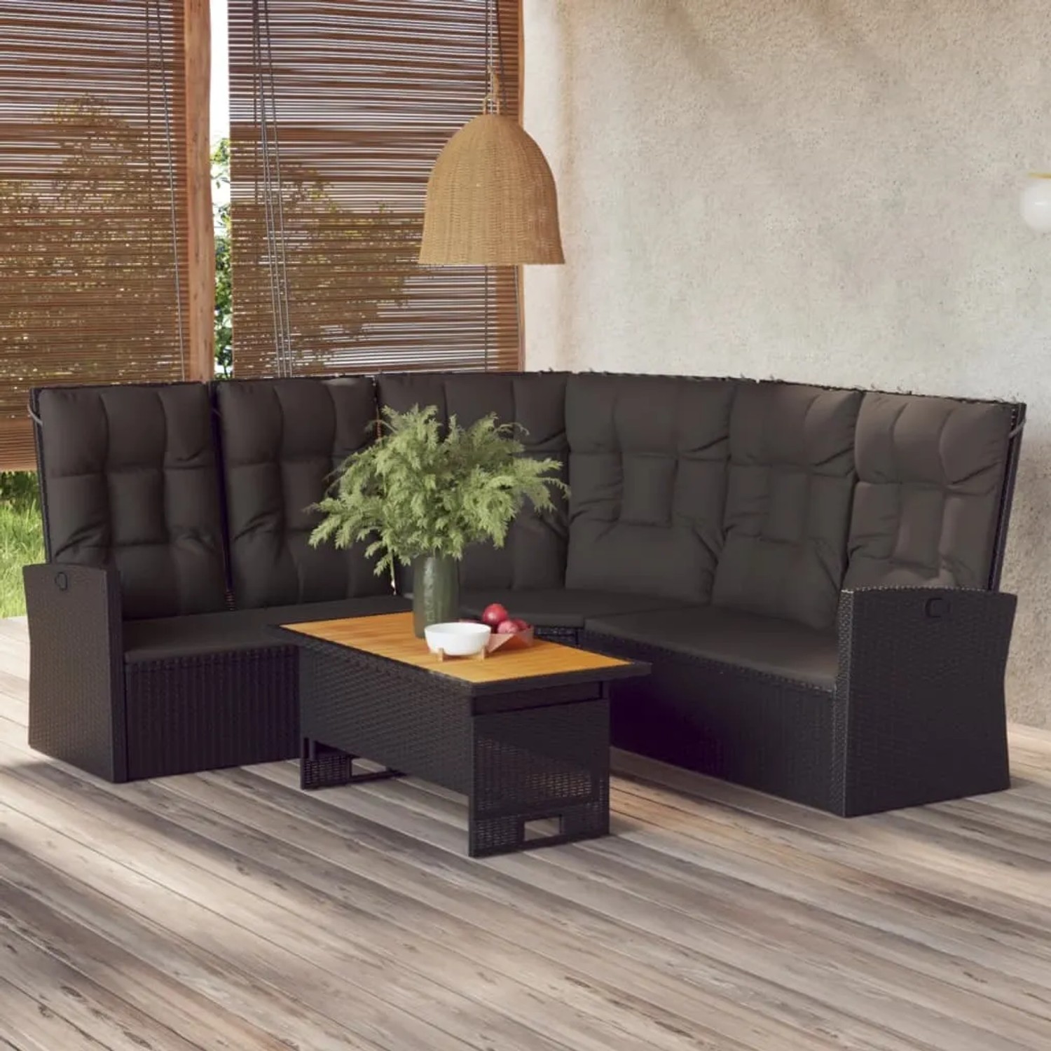 Schwarzes 2-tlg. vidaXL Garten-Lounge-Set aus Poly Rattan mit Tisch und Ecksofa mit Kissen.